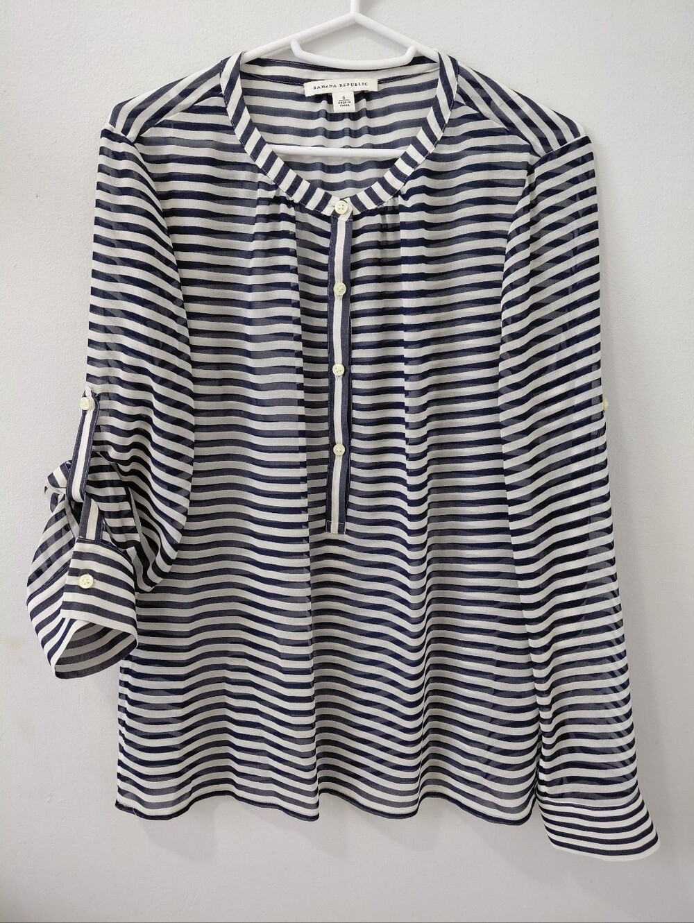 Banana Republic Navy and White Striped Roll-Tab Henley Top